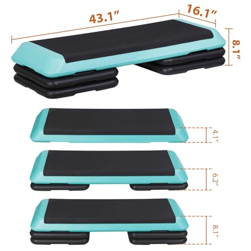 ZenStyle 43" Adjustable Aerobic Stepper Bench with 4/6/8 Inch Risers, Non-Slip Surface for Cardio, Strength Training & Home Fitness Workout - color: Turquoise