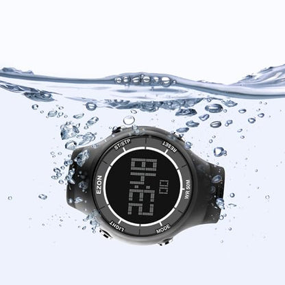 EZON Digital Watch with Stopwatch Countdown Timer Alarm EL Backlight,Ultra-Thin Large Display 5ATM Waterproof Digital Wrist Watches for Men Women - color: White-on-black