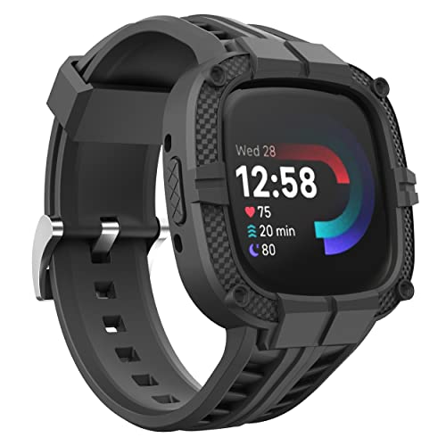 Compatible for Fitbit Versa 4/ Fitbit Sense 2 Bands Men, Rugged Protective Case with TPU Sport Band Smartwatch Wristband Black - color: Black