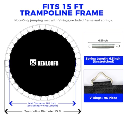 Trampoline Replacement Mat,72/96 V-Rings,Fits 12/14/15ft Trampoline Frame & 5.5"-7" Springs - color: Black, size: 15FT|161"Dia|96 V-Rings|Fits 6.5" Springs Length