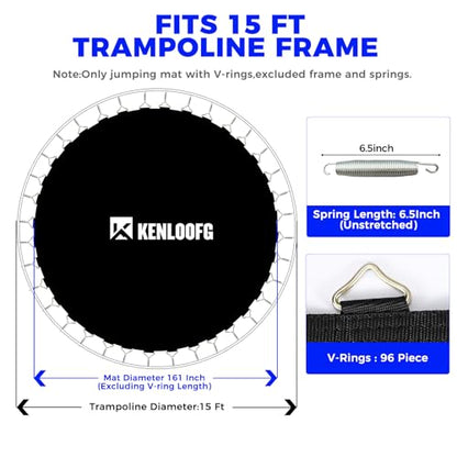 Trampoline Replacement Mat,72/96 V-Rings,Fits 12/14/15ft Trampoline Frame & 5.5"-7" Springs - color: Black, size: 15FT|161"Dia|96 V-Rings|Fits 6.5" Springs Length