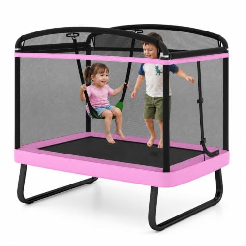 Giantex 6 FT Trampoline for Kids with Swing, Toddler Trampolines with Safety Enclosure Net, ASTM Approved, Rectangle Indoor & Outdoor Mini Kids Trampoline - color: Pink, size: 49"D x 75"W x 63"H