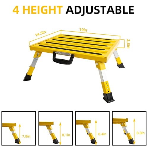 Homeon Wheels Large Adjustable Aluminum RV Step Stool, Folding Non-Slip Platform - color: Yellow Large