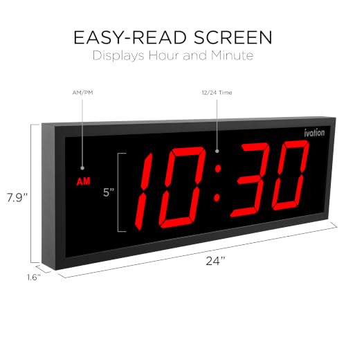 Ivation Large Digital Wall Clock with Big LED Display & Timer, 24" - color: Red, size: 24" x 8"