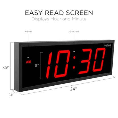 Ivation Large Digital Wall Clock with Big LED Display & Timer, 24" - color: Red, size: 24" x 8"