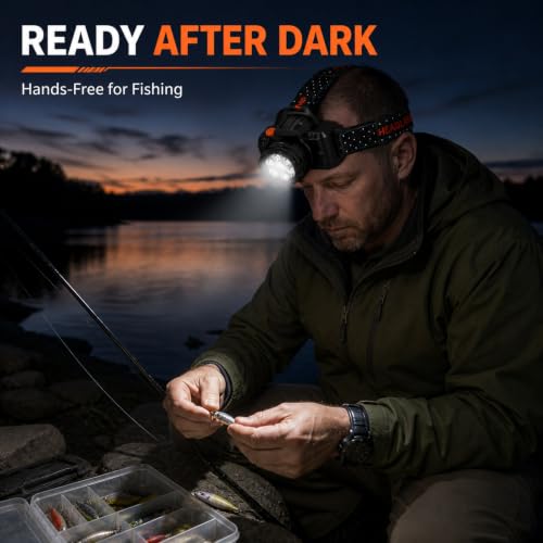 LED Headlamp with Motion Sensor and Battery Display, 7 LED Head Lamp with 6 Light Modes and Adjustable Elastic Headband, Hands Free Headlight for Adults, Camping, Hiking, Fishing and Outdoor Work