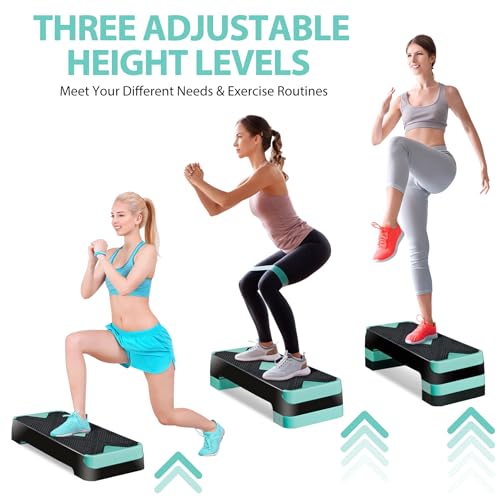 Non-Slip 27 Inch Aerobic Exercise Step Platform 4"-6"-8" Height Adjustable Risers for Home Gym Cardio Training Fitness Workout Stepper Trainer - color: Green