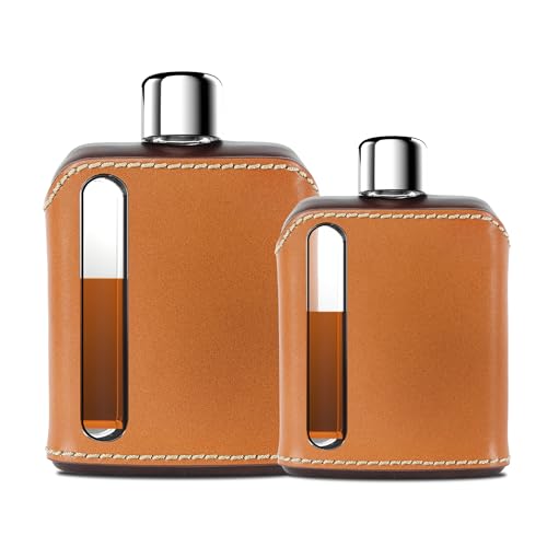 Ragproper Leather Glass Hip Flask Set for Men & Women – Durable Whiskey & Liquor Flasks, Single Shot 3.4oz (100ml) + Double Shot 8oz (240ml), Premium Real Leather Cover, Dark & Tan - color: Leather Dark & Tan, size: 2 Pack (3.4 + 8 oz)