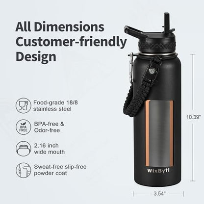 WixByti 40 oz Insulated Water Bottle with Straw, Stainless Steel Water Jug - color: Black, size: 40 Ounces