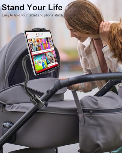 Gooseneck Spin Bike Tablet Holder [Large Clamp] [Thick Case Friendly] Treadmill Tablet Mount for Exercise Bike, Stationary Bicycle, Stroller, Wheelchair for iPad Pro Air Mini, Galaxy, iPhone (6-15.6”)