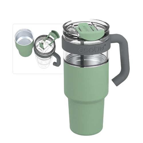 asobu Extra Large Travel Explorer Tumbler for Hot and Cold with Stainless Steel Removable Coffee Mug Sleeve - Straw and Flip Open Sip Spout, 34 oz / 25 oz (Basil Green) - color: Basil Green, style: EXPLORER