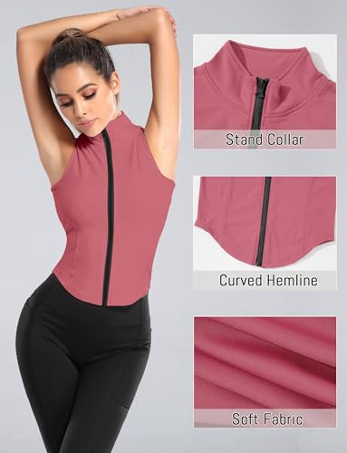FEOYA Women Sleeveless Athletic Tank Top Shirts Full Zip Up Tshirt for Yoga Running Fitness Exercise - color: Upgrated Pink, size: Large