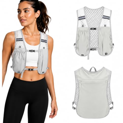 Running Vest for Women & Men, Hydration Vest with Water Bottle Holder and Zipper Phone Pocket, Lightweight Breathable Reflective Running Vest for Marathon. - color: Gray