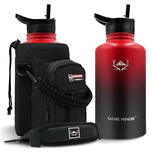 NATURE PIONEOR 64 oz Insulated Water Bottle with Carrier Bag & 3 Lids - color: Red Black, size: 64 Ounces