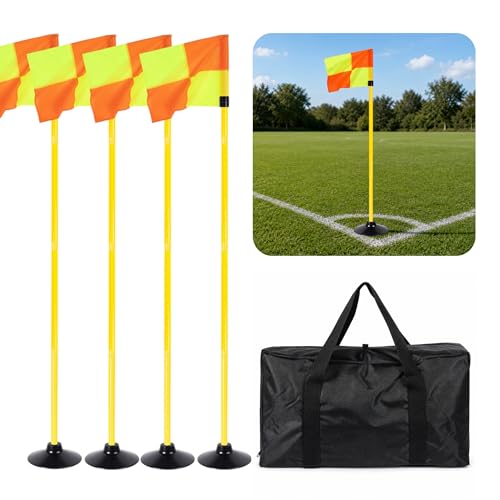 4 Set Soccer Corner Flags, 5 FT Adjustable Poles, Rubber Bases