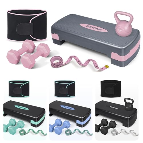 SAKAE Adjustable Aerobic Stepper Kit with Dumbbells & Kettlebell & Weightlifting Belt & Measuring Tape, 2 Level Risers Exercise Step Platform for Home Gym Exercise Fitness Workout, Multiple Colors - color: Pink