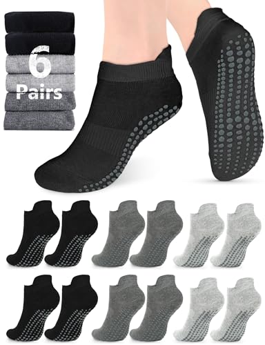 AURUZA Grip Socks for Women Men Pilates Grip Socks Non Slip Yoga Sock with Grips for Barre Barefoot Hospital Grippy Sock - color: 6 Pairs - 2 Black/2 Dark Gray/2 Gray, size: Large
