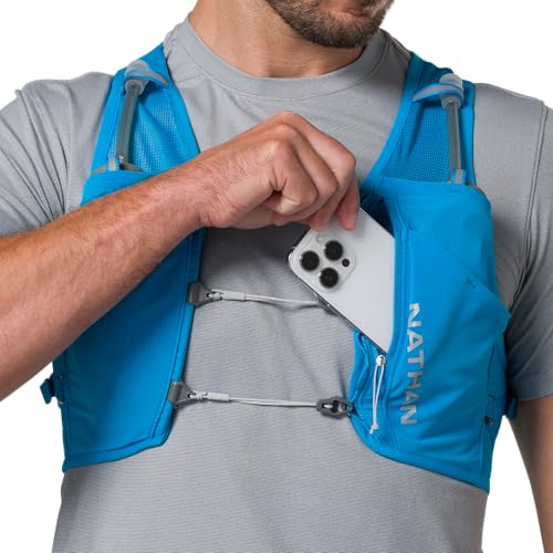 Nathan Hydration Vest - Lightweight, Quick-Fit Fix, Reflective, 4L Storage, Six Pockets, Two 14oz Flasks, Pinnacle Breeze - size: XX-Large, style: Electric Blue