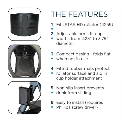 NOVA Adjustable Cup Holder for Star 4259 & Express Rollator, Cup Holder for Oval Tube Rollator Walkers, Adjustable & Foldable Drink Holder, Durable Plastic, Easy Install