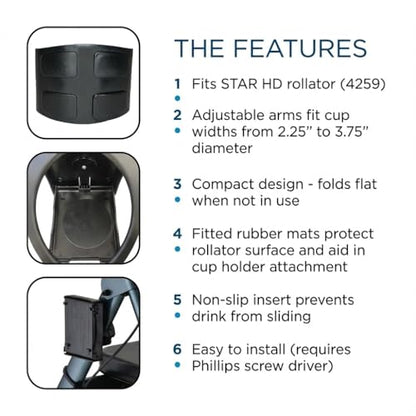 NOVA Adjustable Cup Holder for Star 4259 & Express Rollator, Cup Holder for Oval Tube Rollator Walkers, Adjustable & Foldable Drink Holder, Durable Plastic, Easy Install