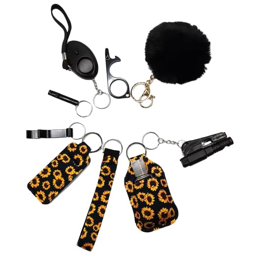Personal Safety Keychain Set with Alarm, Pom Pom, Holder Pouch, 8-Piece Kit, Available in Pink, Purple, Sunflower Pattern - color: Sunflower