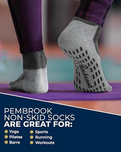 Pembrook Non Slip Crew Grip Socks Men & Women - 4 Pairs | Non Slip Socks for Elderly, Hospital, Pilates, Yoga, Barre, Home - color: Gray - 4 Pairs, size: X-Large