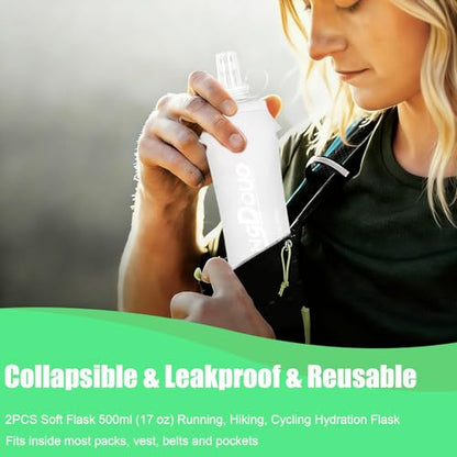 2PCS Running Vest Soft Flask, BPA-Free Soft Flasks 17oz/500ml TPU Collapsible Water Bottle for Hydration Backpack, Folding Running Water Bottles for Marathon Hiking Cycling Climbing - color: White