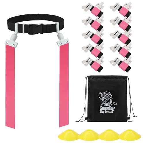 Gameday Flag Football Set – Kits for 2–14 Players w/Belts, Agility Cones & Carry Bag – Available in Multi Colors & Sizes - color: Pink 10 Pcs, style: 10 Pcs