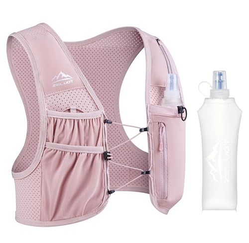Zelvot Running Vest for Women Men, US Patent, Adjustable Chest Straps Running Hydration Vest with 500ml Soft Flask, Lightweight Reflective Hydration Backpack for Marathon - color: Pink, size: Medium-Large (1 Soft Flask)