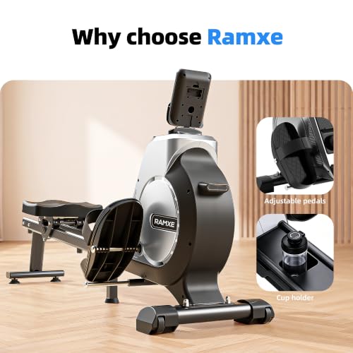 RAMXE Rowing Machine for Home，Magnetic Rowing Machine with 16 Levels，Rower Machine of Quiet Resistance，Foldable Exercise Equipment，Dual Slide Rail with Max 350lbs Weight Capacity，App Compatible