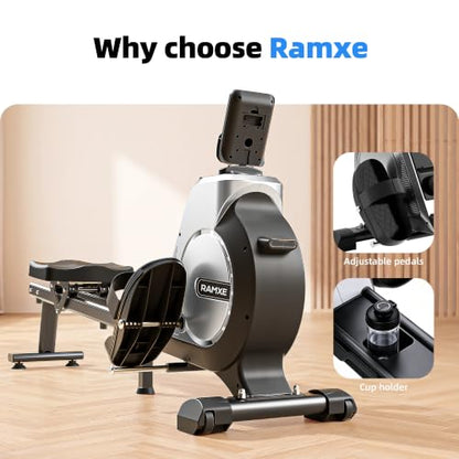RAMXE Rowing Machine for Home，Magnetic Rowing Machine with 16 Levels，Rower Machine of Quiet Resistance，Foldable Exercise Equipment，Dual Slide Rail with Max 350lbs Weight Capacity，App Compatible