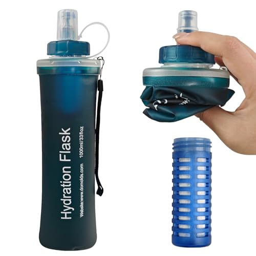 1L Collapsible Water Bottle with Filter for Hiking Backpacking(Green) - color: Dark green, 1L