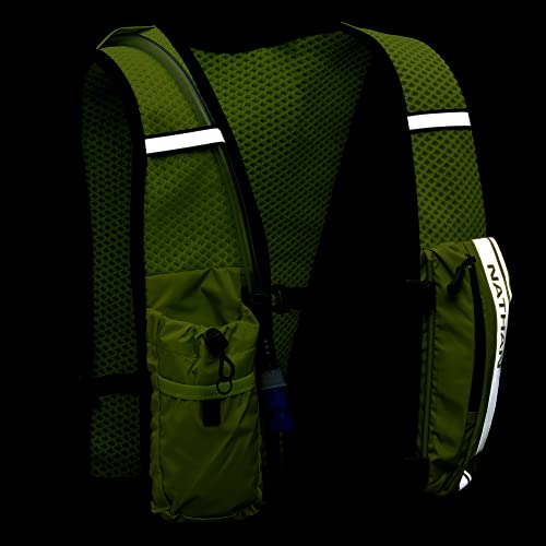 Nathan Hypernight QuickStart 2.0 4 Liter Hydration Pack w/ 1.5L Bladder, Reflective to Be Seen at Night, Front Water Bottle Pockets, Moisture Wicking, Unisex - style: Hi Vis Yellow/Geo Print