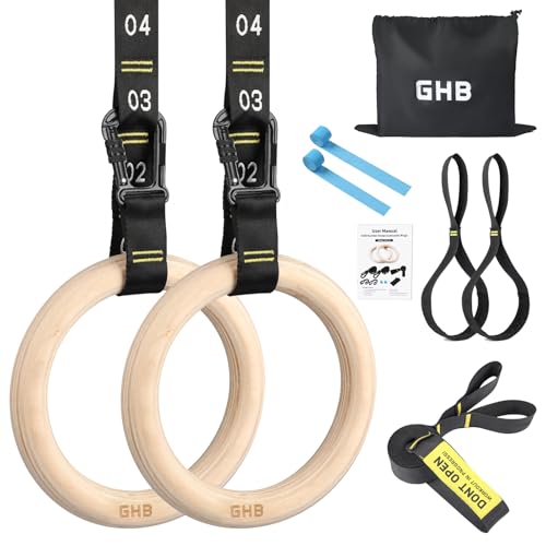 GHB Gymnastic Rings Wooden Gym Rings 1.25" - style: 32mm Rings & Carabiner Numbered Straps Set