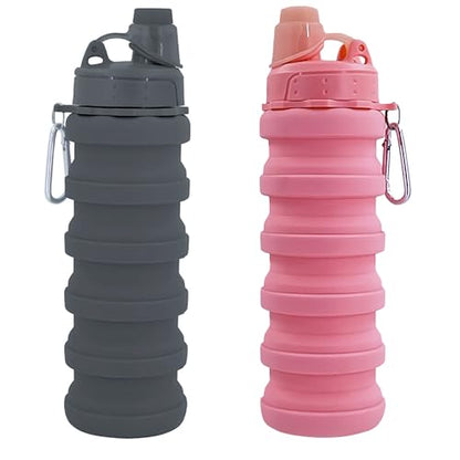 Collapsible Water Bottles Travel water bottle Sports Portable Sport Water Bottle Reusable Water Bottles comes with mountaineering Buckle 500ml silicone Water-proof camping water bottle - color: Pink+Grey, style: 2 pack