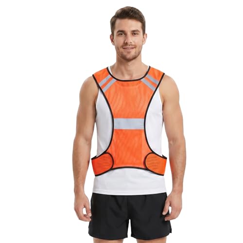 MioCloth High Visibility Reflective Running Vest with Pocket, Breathable Mesh Safety Vest, Unisex Cycling Jogging Night Gear - color: Orange