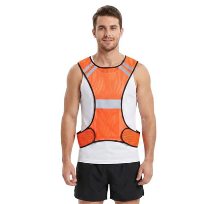 MioCloth High Visibility Reflective Running Vest with Pocket, Breathable Mesh Safety Vest, Unisex Cycling Jogging Night Gear - color: Orange