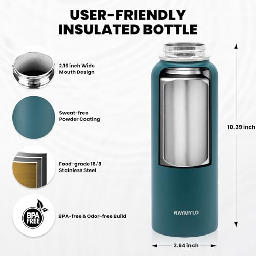 RAYMYLO Insulated Water Bottle 40 oz, Triple Wall Vacuum Stainless Steel - color: Dark Green, size: 40 Ounces