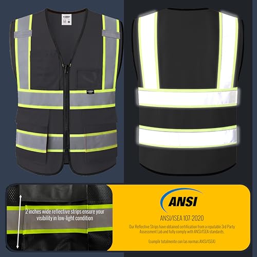 JKSafety Safety Vest for men women Hi Vis Vest with Pockets and Zipper High Visibility Reflective Vests BX320 - color: Black, size: XX-Large