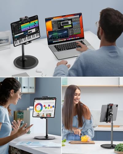 SAIJI iPad Stand for Desk - Height Adjustable & Weighted Base Phone Holder - color: Black