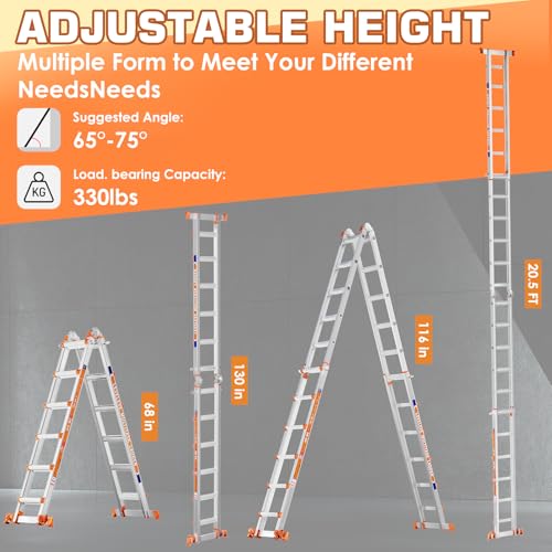 LEVELEVE 20FT Extension Ladder,A Frame 6 Step Ladder with Stabilizer Bar & Wheels,330 lbs Security Load Multi Position Ladder for Stairs Home Indoor Outdoor Roof - size: 20FT-6STEP