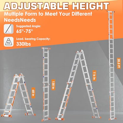 LEVELEVE 22FT Extension Ladder,A Frame 6 Step Ladder with Stabilizer Bar & Wheels,330 lbs Security Load Multi Position Ladder for Stairs Home Indoor Outdoor Roof - size: 6STEP