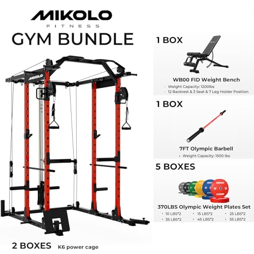 Mikolo Power Cage, Power Rack with Cable Crossover System, 1500LBS Squat Rack with LAT Pull Down System, Workout Cage with Pulley System for Fitness Home Gym - color: Red, style: Package with Color BP 370LB