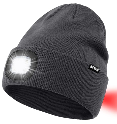 ATNKE LED Lighted Beanie Hat,USB Rechargeable 8 LED Red Glow Flashing Alarm Running Headlamp Cap Gifts for Men and Women - color: #Gun Gray