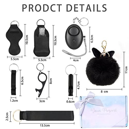 Safety Keychain for Women, Safety Keychain Set with Personal Alarm, 9 Pcs Protective Accessories for Women - color: Black