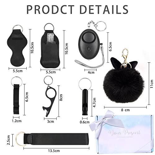 Safety Keychain for Women, Safety Keychain Set with Personal Alarm, 9 Pcs Protective Accessories for Women - color: Black