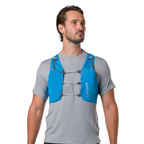 Nathan Hydration Vest - Lightweight, Quick-Fit Fix, Reflective, 4L Storage, Six Pockets, Two 14oz Flasks, Pinnacle Breeze - size: Small-Medium, style: Electric Blue
