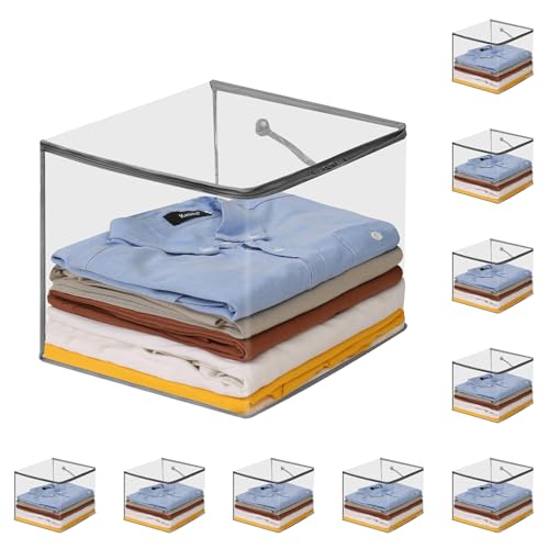 10 PCS Clear Zippered Storage Bags with Handles,Sweater Storage with Two-way Zipper,Foldable Closet Organizer Bed Sheet Organizer,Cube Plastic Organizer,Bag,Bin,for Clothes,Towel-GY - color: Grey, size: 11.81 x 11.81 x 11.81 inches
