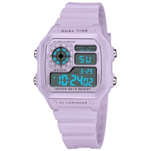 PASOY Men's Digital Sport Watch Waterproof Dual Time Stopwatch Countdown - color: Light Purple