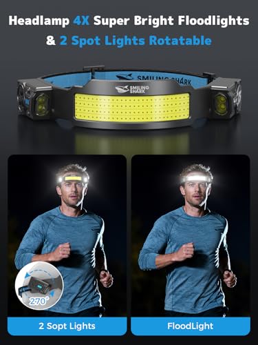 Smiling Shark TS-4 Headlamp, Dual Spotlight with 4X Floodlight & Strobe LED Head Torch Rechargeable 2400mAh Long-Lasting Hands-Free Design for Camping Hiking Running Jogging (2 Pack) - style: 2 PACK